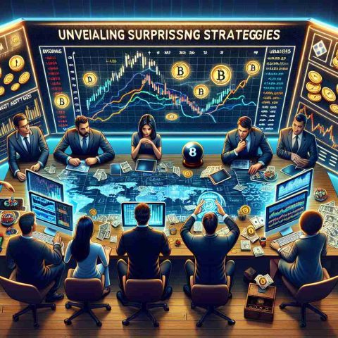 A crisp, high-definition image illustrating the concept of investors making significant financial commitments to a major cryptocurrency exchange platform. The image shows various investors, both male and female of different descents like Caucasian, Asian, and Black, huddled over computer screens displaying graphs and cryptocurrency data. Surprising strategies are hinted at with unexpected assets or tools on the table such as a magic 8 ball, tarot cards or vintage board game pieces. A banner with the text 'Unveiling Surprising Strategies' in bold is seen in the background.