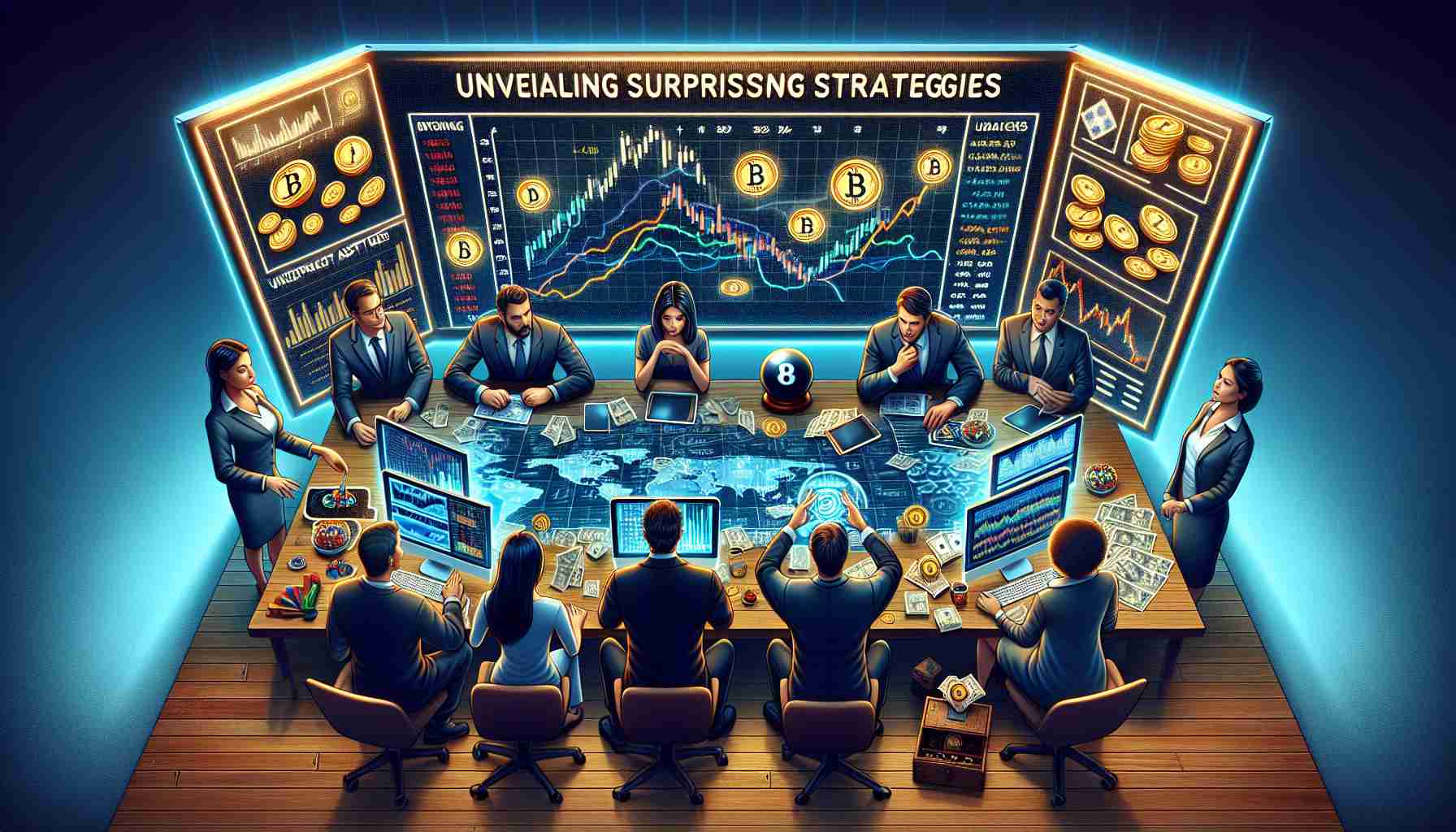 A crisp, high-definition image illustrating the concept of investors making significant financial commitments to a major cryptocurrency exchange platform. The image shows various investors, both male and female of different descents like Caucasian, Asian, and Black, huddled over computer screens displaying graphs and cryptocurrency data. Surprising strategies are hinted at with unexpected assets or tools on the table such as a magic 8 ball, tarot cards or vintage board game pieces. A banner with the text 'Unveiling Surprising Strategies' in bold is seen in the background.