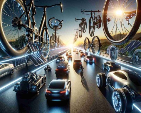 High-definition, realistic image showcasing various forms of revolutionary transportation methods on wheels and detailing what powers these changes. The scene may include electric powered vehicles, bikes with advanced technology, futuristic road design or unique transportation infrastructure, prominently tangible in the design of the wheels. The image will reflect the advancement of technology and the shift towards sustainable modes of commuting, with an emphasis on the power source fueling these changes such as solar energy, electricity or advanced hybrid energy systems.