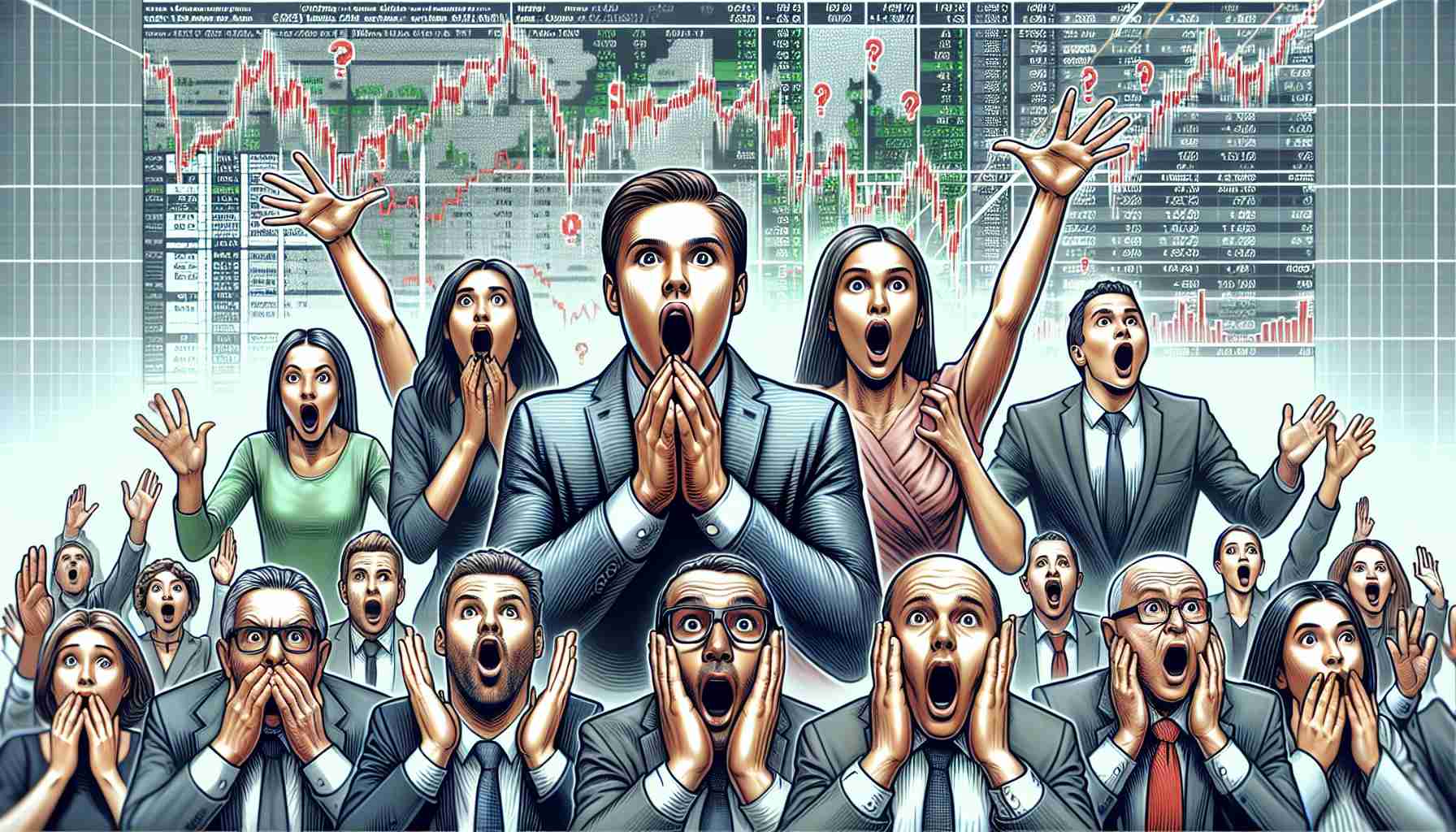 Detailed high-definition digital image of the surprise reaction caused by the announcement of a company going public. Represent a group of people expressing their surprise and interest in the details of an unnamed company's Initial Public Offering.