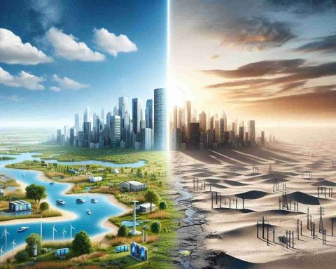 A high-definition, realistic image representing the dual concepts of a 'Hydrogen Revolution' and a 'Mirage'. On the left side, show a thriving city powered by clean energy, with notable hydrogen-related elements like fuel cells, water, and sun. It has beautiful architecture, clear skies, and lush greenery, symbolizing a prosperous future with sustainable energy sources. On the right side, depict an empty, barren desert to represent the 'Mirage'. A fading city silhouette in the distance symbolizes the possibility of our hopes for a clean energy future being just an illusion. Both concepts gracefully blend into each other, emphasizing the dialogue between reality and illusion.