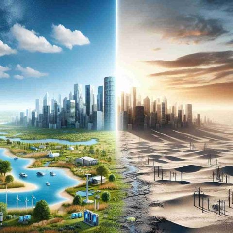 A high-definition, realistic image representing the dual concepts of a 'Hydrogen Revolution' and a 'Mirage'. On the left side, show a thriving city powered by clean energy, with notable hydrogen-related elements like fuel cells, water, and sun. It has beautiful architecture, clear skies, and lush greenery, symbolizing a prosperous future with sustainable energy sources. On the right side, depict an empty, barren desert to represent the 'Mirage'. A fading city silhouette in the distance symbolizes the possibility of our hopes for a clean energy future being just an illusion. Both concepts gracefully blend into each other, emphasizing the dialogue between reality and illusion.