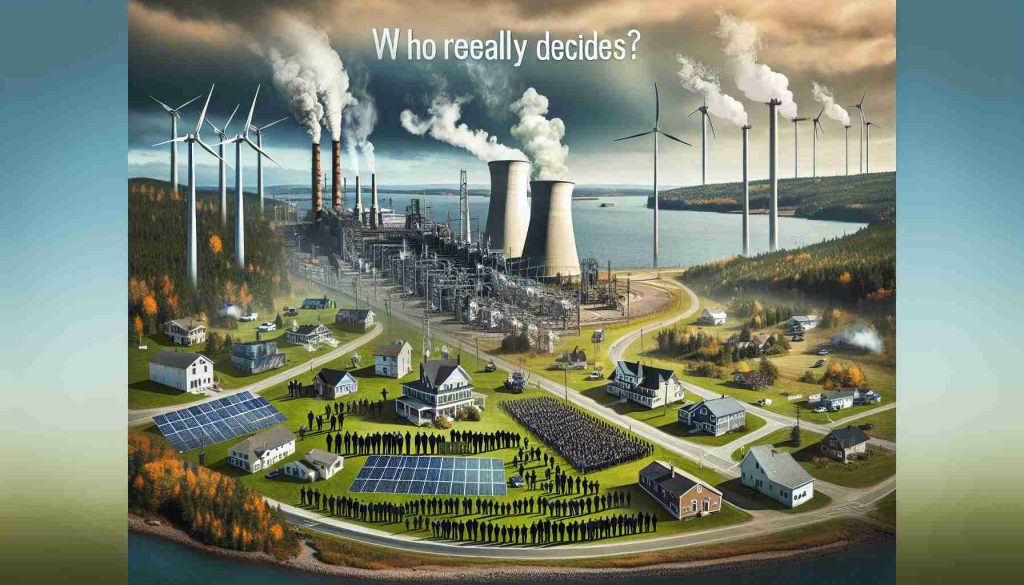 Create a high-definition, realistic photo that depicts the theme of green energy dilemma in Massachusetts. The image should show symbols of green energy, for example, solar panels, wind turbines, and biomass, alongside traditional energy sources such as a coal plant or natural gas infrastructure. Possibly, include representations of various stakeholders - the residents, the scientists, the business owners, and the government officials without showing their faces. Note the locale with subtle hints of Massachusetts's iconic landscapes. In the sky, have the phrase 'Who Really Decides?' written in a dramatic font.