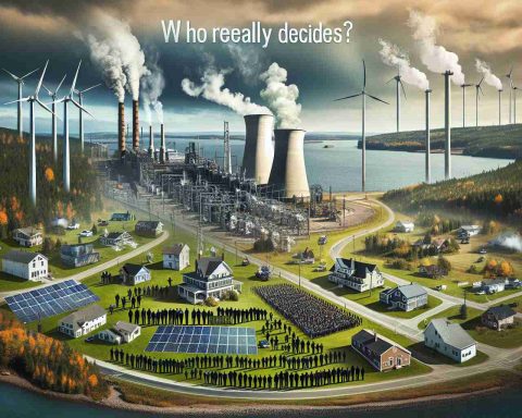 Create a high-definition, realistic photo that depicts the theme of green energy dilemma in Massachusetts. The image should show symbols of green energy, for example, solar panels, wind turbines, and biomass, alongside traditional energy sources such as a coal plant or natural gas infrastructure. Possibly, include representations of various stakeholders - the residents, the scientists, the business owners, and the government officials without showing their faces. Note the locale with subtle hints of Massachusetts's iconic landscapes. In the sky, have the phrase 'Who Really Decides?' written in a dramatic font.