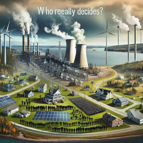 Create a high-definition, realistic photo that depicts the theme of green energy dilemma in Massachusetts. The image should show symbols of green energy, for example, solar panels, wind turbines, and biomass, alongside traditional energy sources such as a coal plant or natural gas infrastructure. Possibly, include representations of various stakeholders - the residents, the scientists, the business owners, and the government officials without showing their faces. Note the locale with subtle hints of Massachusetts's iconic landscapes. In the sky, have the phrase 'Who Really Decides?' written in a dramatic font.