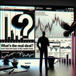 Create a high-definition illustration symbolizing stock market drama. The scene should depict an abstract person next to a large monitor displaying line graphs and stock market figures, representing the volatility and uncertainty of the stock market. Include a large, bold question mark in the center to represent questions about the real deal in the stock market. Adjacent to the image, compose a headline that reads: 'What’s the Real Deal? Don’t Miss This Inside Scoop.' Decorate the image with noir aesthetics to contribute to the theme.