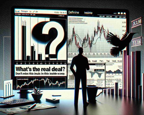 Create a high-definition illustration symbolizing stock market drama. The scene should depict an abstract person next to a large monitor displaying line graphs and stock market figures, representing the volatility and uncertainty of the stock market. Include a large, bold question mark in the center to represent questions about the real deal in the stock market. Adjacent to the image, compose a headline that reads: 'What’s the Real Deal? Don’t Miss This Inside Scoop.' Decorate the image with noir aesthetics to contribute to the theme.