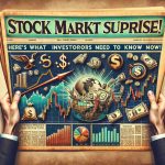 Generate a realistic HD image representing the theme 'Stock Market Surprise!'. It could include financial charts, graphs going sharply up or down unexpectedly, and symbols of finance such as dollar signs or stock market ticks. Also include an aged newspaper with the bold headline 'Here’s What Investors Need to Know Now'.