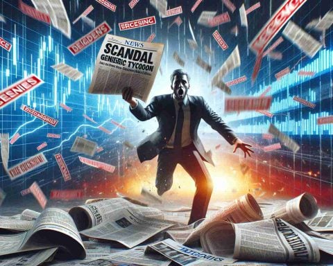 A realistic high-definition photo, dramatically visualizing the shocking news of a generic business tycoon's scandal, causing immense disturbance in the markets. This is envisioned with ticker tapes flashing the news, stock market graphs plummeting and financial newspapers scattered around, capturing the intense fallout in progress.