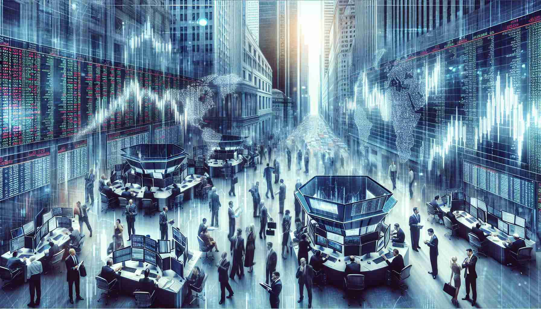 Generate a high-definition, realistic image depicting the symbolic concept of significant activities on Wall Street. Show the bustling scene of traders, analysts, and financial professionals making major decisions which are causing excitement amongst market enthusiasts. Be sure to include details such as stock market screens with significant swings in prices, a diverse range of people engaged in intense decision-making and discussions, and the anxiety and thrill palpable in the air.