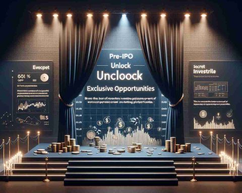 Create a realistic high definition image showcasing 'Unlock Exclusive Opportunities' on a highlighted banner. Beneath it, envision a description about the secret world of Pre-IPO investing platforms. This could be symbolized by a well-lit stage, with curtains just opened to reveal behind-the-scenes set up of an investing platform. Use appropriate business and investment related iconography such as graphs, money symbols and stock market charts to depict the concept of investing. There should be an air of mystery to indicate the 'secret' part of the scene.