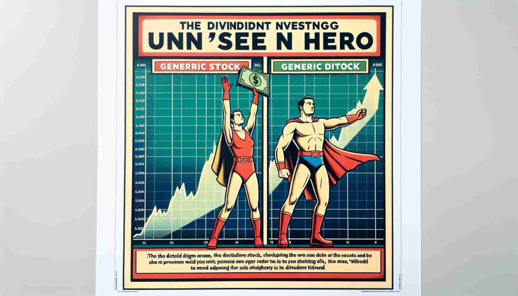 A detailed diagram comparing two generic stocks, showcasing one as the clear victor. Beneath the two stock graphs, there should be an illustration of a heroic figure, represented as the 'unseen hero' of dividend investing. The figure stands heroically, holding up a large dividend. Maintain a realistic HD quality throughout.