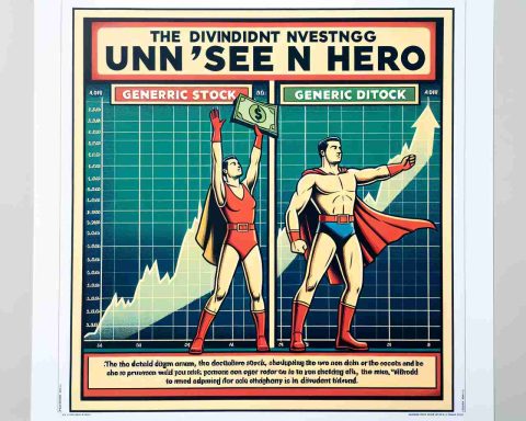 A detailed diagram comparing two generic stocks, showcasing one as the clear victor. Beneath the two stock graphs, there should be an illustration of a heroic figure, represented as the 'unseen hero' of dividend investing. The figure stands heroically, holding up a large dividend. Maintain a realistic HD quality throughout.