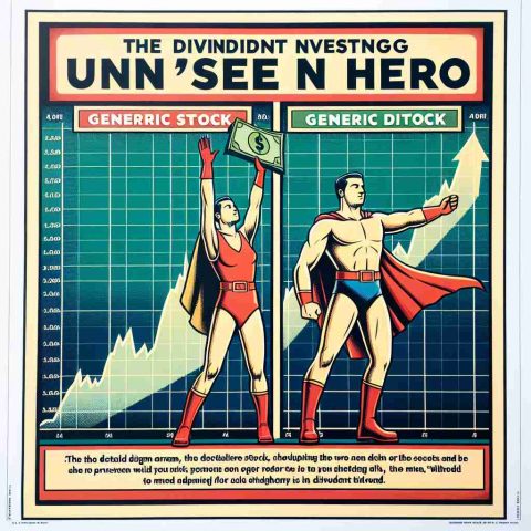 A detailed diagram comparing two generic stocks, showcasing one as the clear victor. Beneath the two stock graphs, there should be an illustration of a heroic figure, represented as the 'unseen hero' of dividend investing. The figure stands heroically, holding up a large dividend. Maintain a realistic HD quality throughout.