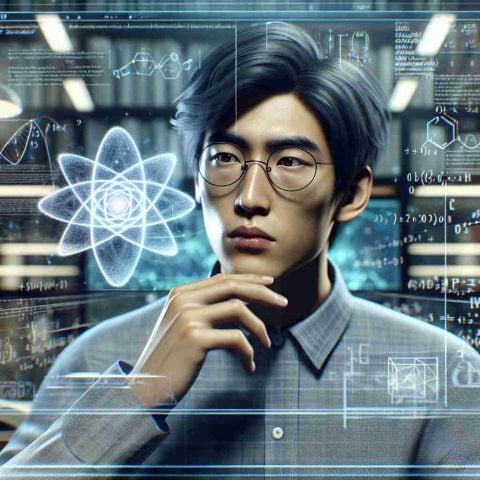 A realistic, HD interpretation of a young Asian male scientist, in a well-organized and technology-rich laboratory environment. His attention is absorbed by a complex quantum physics equation he is solving on a transparent digital screen, with a 3-dimensional representation of a quantum state floating above the screen. Various scientific instruments and books can be seen in the background, adding depth to the secrets of quantum physics he's attempting to unlock. The atmosphere of revelation and discovery is palpifying.