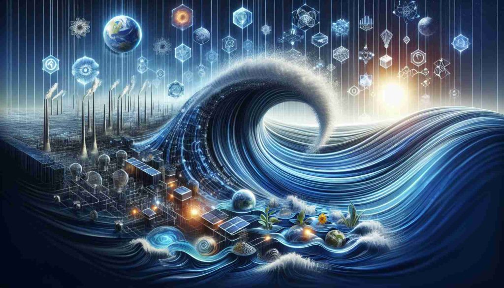 Create a detailed and realistic HD image that represents the metaphorical ripple effect of the innovations made by a generic energy-focused company. The image should showcase a series of waves expanding outward, symbolizing the ripple effect. Additionally, intertwine elements of technological innovation and renewable resources to visualize the company's advancements. The second part of the image should illustrate a hopeful vision of the future beyond mere stock market performance, emphasizing sustainability, environmental preservation, and positive societal impact.