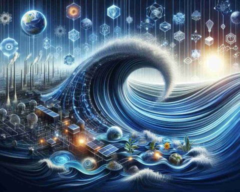 Create a detailed and realistic HD image that represents the metaphorical ripple effect of the innovations made by a generic energy-focused company. The image should showcase a series of waves expanding outward, symbolizing the ripple effect. Additionally, intertwine elements of technological innovation and renewable resources to visualize the company's advancements. The second part of the image should illustrate a hopeful vision of the future beyond mere stock market performance, emphasizing sustainability, environmental preservation, and positive societal impact.