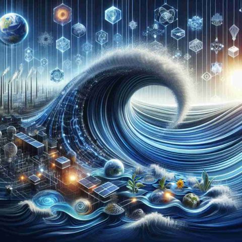 Create a detailed and realistic HD image that represents the metaphorical ripple effect of the innovations made by a generic energy-focused company. The image should showcase a series of waves expanding outward, symbolizing the ripple effect. Additionally, intertwine elements of technological innovation and renewable resources to visualize the company's advancements. The second part of the image should illustrate a hopeful vision of the future beyond mere stock market performance, emphasizing sustainability, environmental preservation, and positive societal impact.