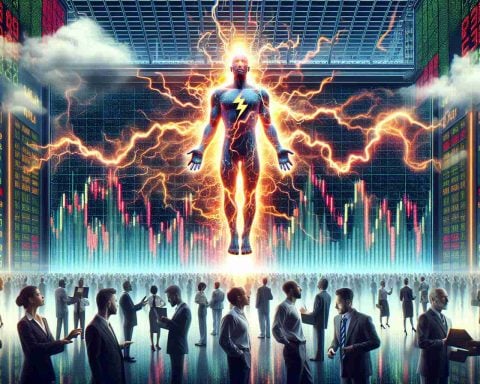 High resolution, real life depiction of a bustling stock market landscape. An oversized digital stock ticker glows brightly, displaying fluctuating numbers. In the center, stands a visually startling stock icon, enwrapped in electrical shocks. A group of diverse stock traders are juxtaposed against this background, their facial expressions reflecting a mixture of shock, excitement, and intrigue. Above their heads, a floating cloud in the form of a speech bubble echoes the text 'This Stock Shocks Market! Don't Miss Out on the Latest Buzz'