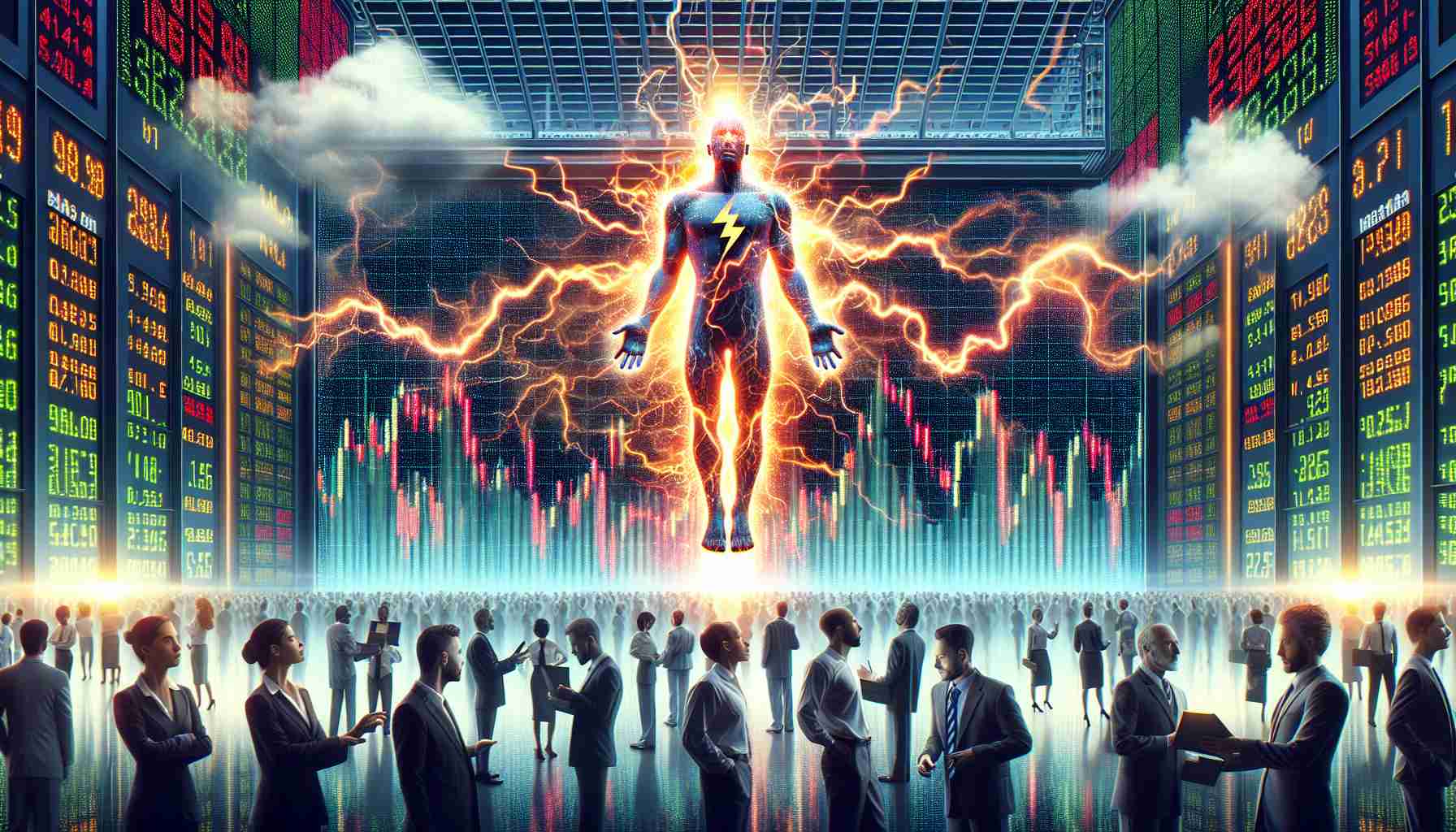 High resolution, real life depiction of a bustling stock market landscape. An oversized digital stock ticker glows brightly, displaying fluctuating numbers. In the center, stands a visually startling stock icon, enwrapped in electrical shocks. A group of diverse stock traders are juxtaposed against this background, their facial expressions reflecting a mixture of shock, excitement, and intrigue. Above their heads, a floating cloud in the form of a speech bubble echoes the text 'This Stock Shocks Market! Don't Miss Out on the Latest Buzz'