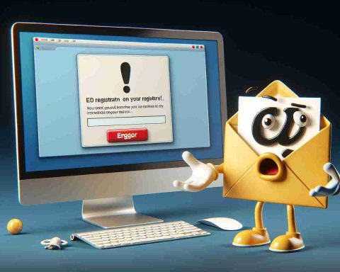 Create an HD realistic image that depicts a personified email character showing surprise and disbelief while attempting to register on a website. The character can be visualised as a letter inside an envelope or something similar to depict 'email' and should be seen sitting in front of a computer screen, displaying an error message that indicates the registration attempt being unsuccessful.