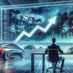 A conceptual image visually representing the new exciting development in a popular electric car company's shares. Anticipation is depicted through a person looking at the stock market screen that shows a major upward trend (signifying the game-changing move). There is a background with glimpses of electric vehicles and futuristic technology. Please omit branding and specific company references to respect trademarks.