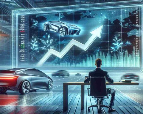 A conceptual image visually representing the new exciting development in a popular electric car company's shares. Anticipation is depicted through a person looking at the stock market screen that shows a major upward trend (signifying the game-changing move). There is a background with glimpses of electric vehicles and futuristic technology. Please omit branding and specific company references to respect trademarks.