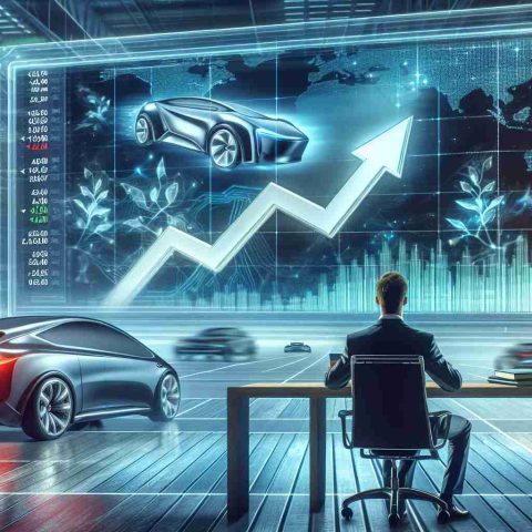 A conceptual image visually representing the new exciting development in a popular electric car company's shares. Anticipation is depicted through a person looking at the stock market screen that shows a major upward trend (signifying the game-changing move). There is a background with glimpses of electric vehicles and futuristic technology. Please omit branding and specific company references to respect trademarks.