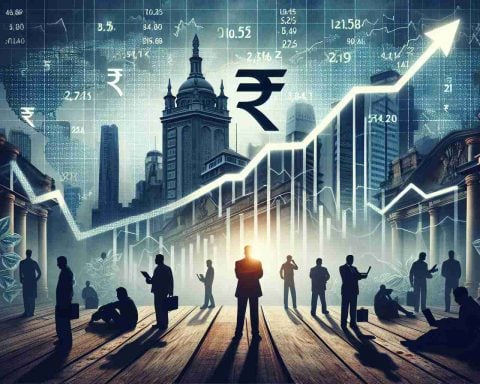 Create a detailed image that captures the essence of financial market tensions surging. It should portray a dramatic upward graph indicating the rise in market tensions. Include symbols of Indian finance, such as Indian Rupee symbols and possibly a silhouette of the iconic Bombay Stock Exchange building in the background. The image should also be filled with anxious investors, studying the upward trend and looking uncertain about the future. The image should be in high-resolution and realistic style.