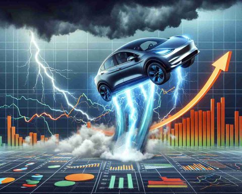 A realistic high-definition illustration of a visual metaphor for an unexpected surge in a generic electric car company's stock. Perhaps a battery-powered car rocketing upwards against a backdrop of graphs and charts showing a steep climb in stock prices. The scene could signify the stress-defying expectations of the market. There should be thunderstorms in the background, symbolizing the challenging market conditions, yet the car persists in its upward trajectory, representing the defiance of the company's stock price.