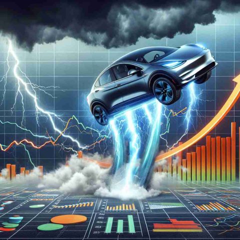 A realistic high-definition illustration of a visual metaphor for an unexpected surge in a generic electric car company's stock. Perhaps a battery-powered car rocketing upwards against a backdrop of graphs and charts showing a steep climb in stock prices. The scene could signify the stress-defying expectations of the market. There should be thunderstorms in the background, symbolizing the challenging market conditions, yet the car persists in its upward trajectory, representing the defiance of the company's stock price.