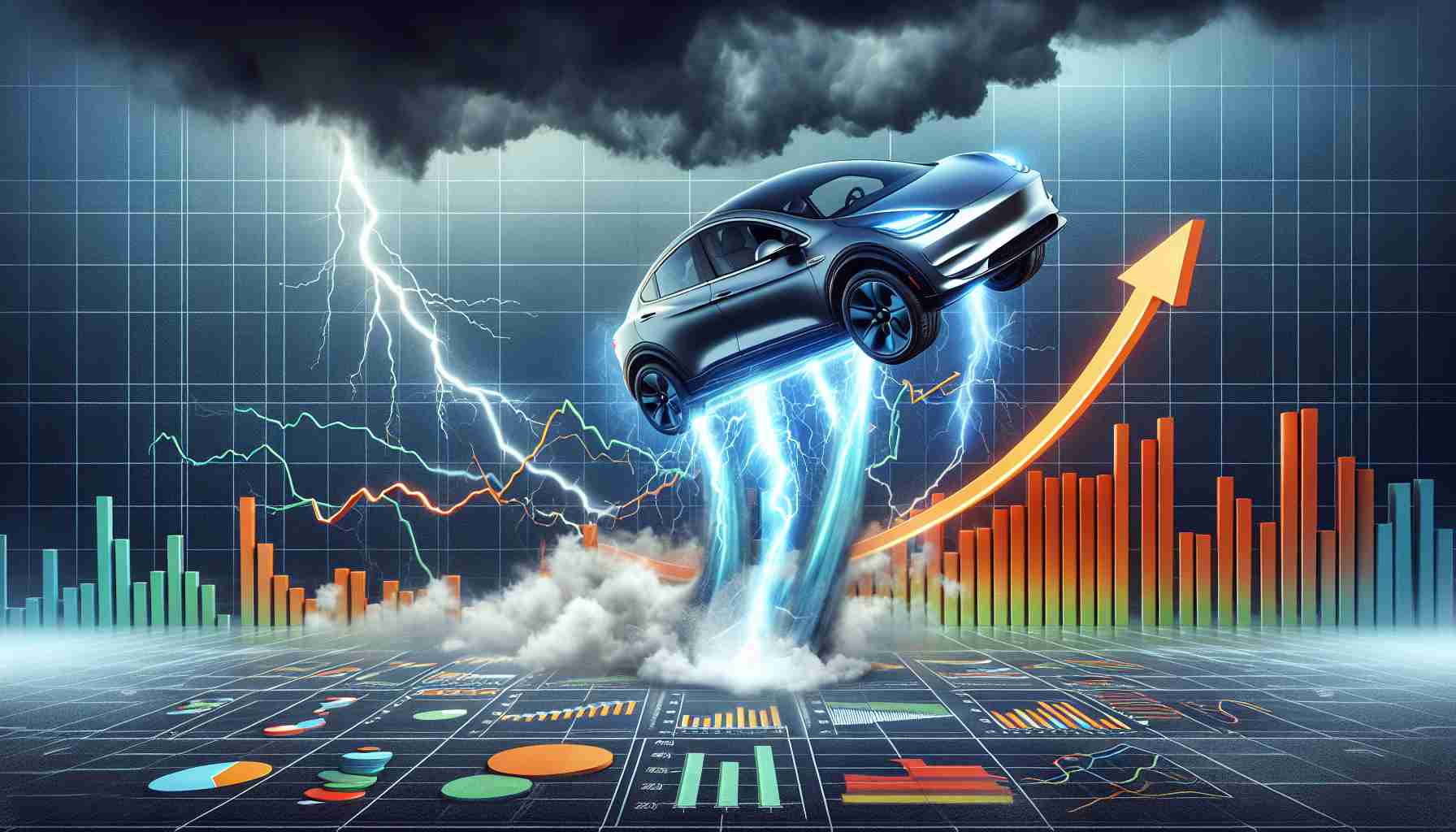 A realistic high-definition illustration of a visual metaphor for an unexpected surge in a generic electric car company's stock. Perhaps a battery-powered car rocketing upwards against a backdrop of graphs and charts showing a steep climb in stock prices. The scene could signify the stress-defying expectations of the market. There should be thunderstorms in the background, symbolizing the challenging market conditions, yet the car persists in its upward trajectory, representing the defiance of the company's stock price.