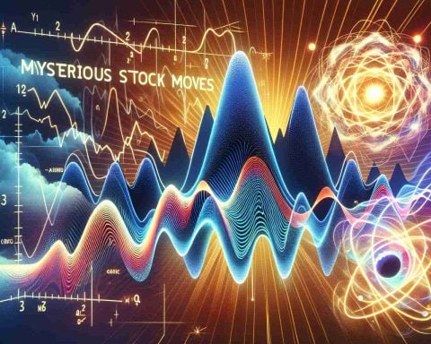 An engaging and intriguing image of abstract lines zigzagging, symbolizing unpredictable stock market movements. The lines should be superimposed on a radiant background with words 'Mysterious Stock Moves' stated prominently in high resolution. On one side of the image, have a depiction of quantum phenomenon symbolizing 'Arqit Quantum', including patterns evoking cloud formations and electromagnetic waves.