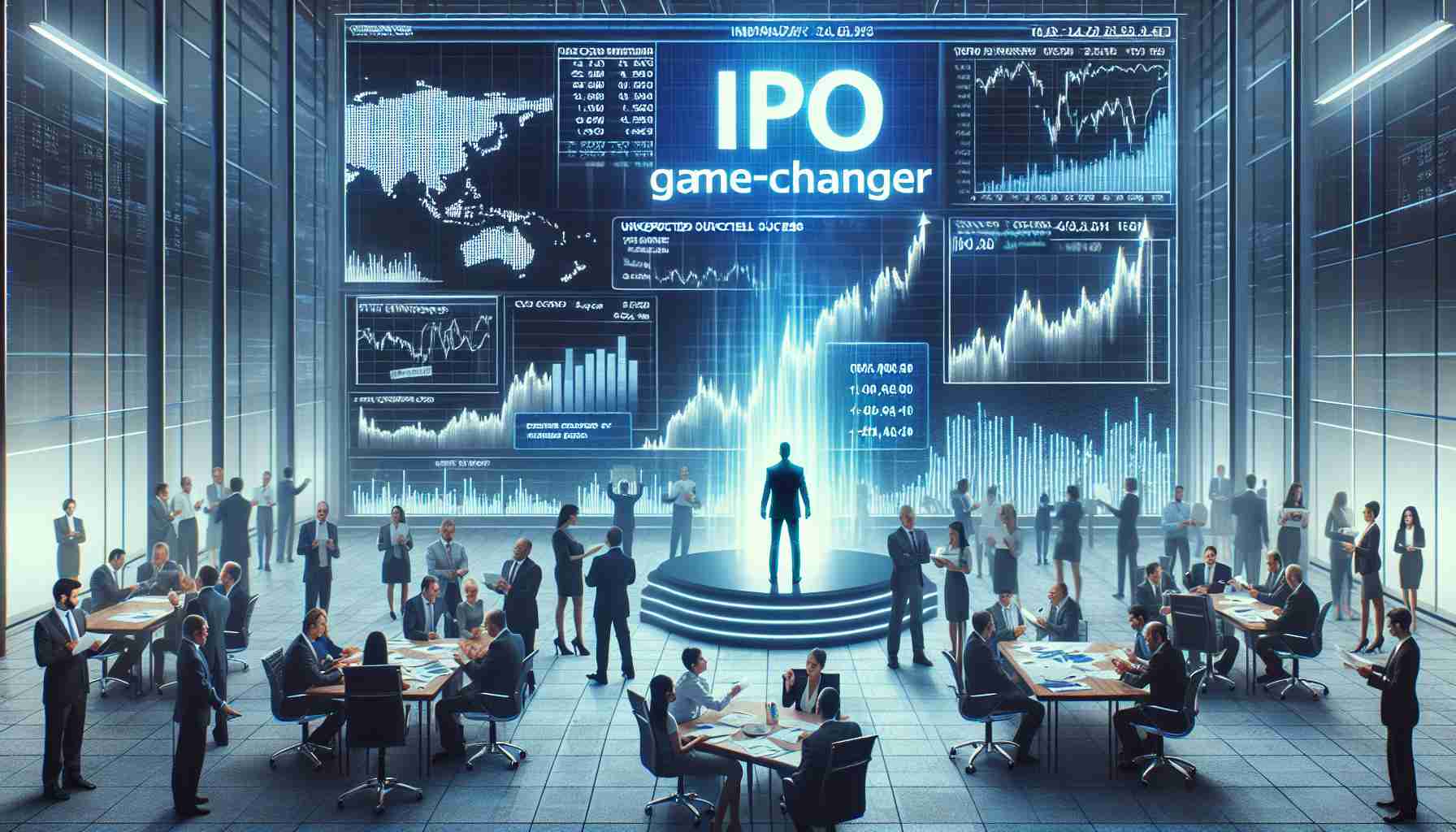 Realistic portrayal of an imaginary scene showing an IPO event being a game-changer, with evidences of unexpected success reflected in graphs, stock papers and business professionals on a trading floor. The event is not for a specific company but rather meant to symbolise a significant corporate event.