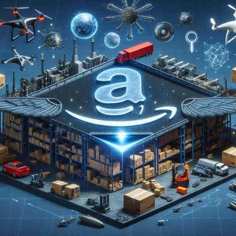 Create a high-definition, realistic image that symbolically represents the hidden strengths of Amazon, the e-commerce giant. The image could include elements like a robust warehouse system, advanced delivery drones, diverse product offerings and advanced technology infrastructure.