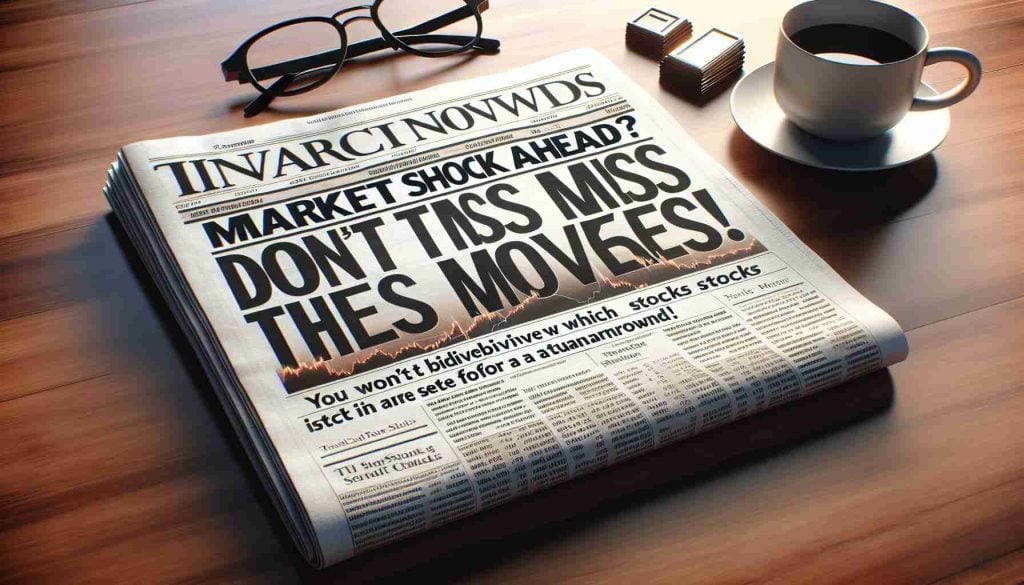 A high-definition realistic image of a financial newspaper headline that reads, 'Market Shock Ahead? Don't Miss These Moves!' Beneath the headline, there is a smaller sub-title saying 'You Won't Believe Which Stocks Are Set For A Turnaround'. The newspaper is laying on a polished wooden desk with a pair of reading glasses and a cup of coffee next to it.