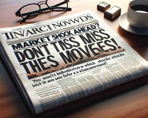 A high-definition realistic image of a financial newspaper headline that reads, 'Market Shock Ahead? Don't Miss These Moves!' Beneath the headline, there is a smaller sub-title saying 'You Won't Believe Which Stocks Are Set For A Turnaround'. The newspaper is laying on a polished wooden desk with a pair of reading glasses and a cup of coffee next to it.