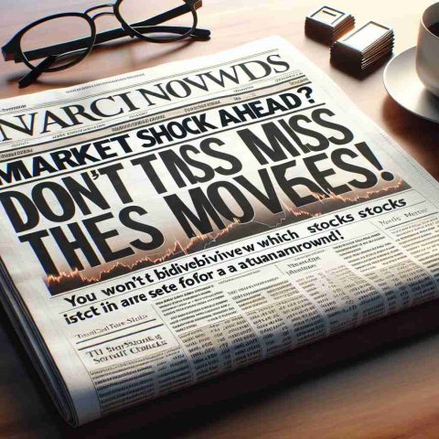 A high-definition realistic image of a financial newspaper headline that reads, 'Market Shock Ahead? Don't Miss These Moves!' Beneath the headline, there is a smaller sub-title saying 'You Won't Believe Which Stocks Are Set For A Turnaround'. The newspaper is laying on a polished wooden desk with a pair of reading glasses and a cup of coffee next to it.