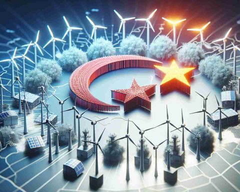 High-definition visualization of a symbolic representation of a revolution in energy. Focus on Turkey's daring step towards renewable energy, represented with the alternative symbols such as wind turbines, solar panels, and hydroelectric dams.