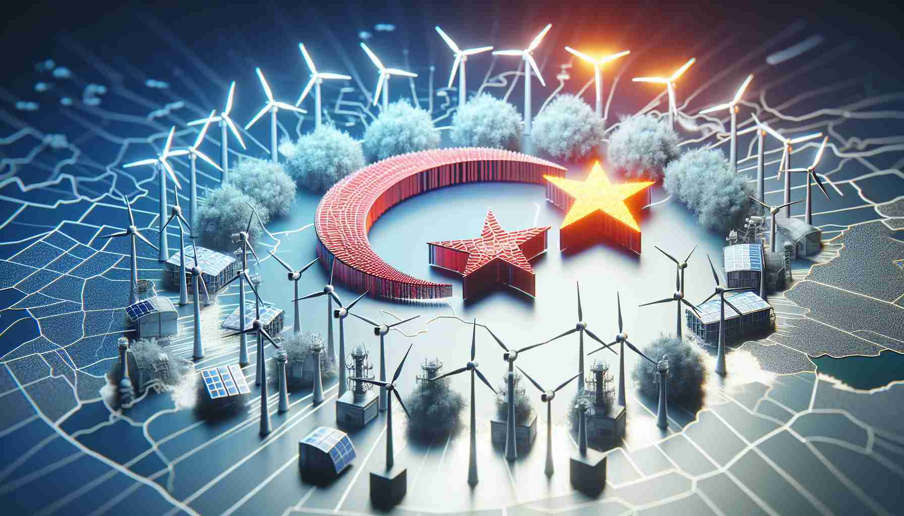 High-definition visualization of a symbolic representation of a revolution in energy. Focus on Turkey's daring step towards renewable energy, represented with the alternative symbols such as wind turbines, solar panels, and hydroelectric dams.