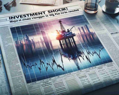 Create a realistic high-definition image that represents a financial newspaper report with the headline 'Investment Shock! Major Stake Changes in Leading Oil Firm Revealed'. Show a chart with dramatic line fluctuations and possibly an image of an oil rig in the background. Please avoid identifiable company logos or names.