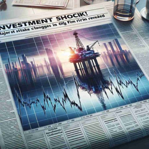 Create a realistic high-definition image that represents a financial newspaper report with the headline 'Investment Shock! Major Stake Changes in Leading Oil Firm Revealed'. Show a chart with dramatic line fluctuations and possibly an image of an oil rig in the background. Please avoid identifiable company logos or names.