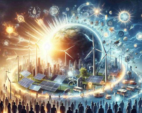 A realistic high-definition image that personifies the revolution in energy. It's a scene of innovation and change, symbolically shown through a large, gleaming sun morphing into an array of technological devices like solar panels, wind turbines, and electric vehicles. The transformation is dynamic, with sparks of energy flowing between the sun and the energy-efficient technologies, signifying the way these advances have transformed our energy use. The advances are surrounded by a crowd of various humans, representing different genders and descents, who look on with fascination and hope.