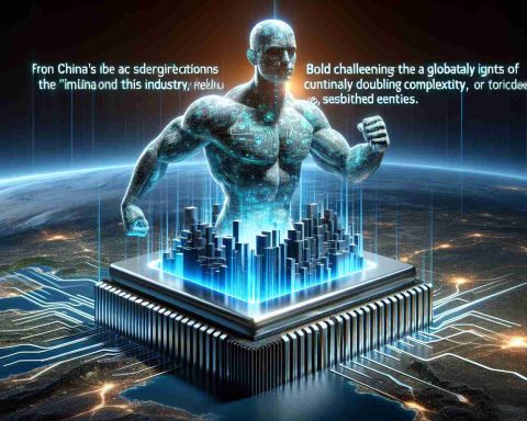 A realistic and high-definition image that illustrates a bold move within China's semiconductor, or chip, realm. The image should depict an abstract representation of that challenge towards the global giants of this industry. Perhaps this can be represented as a much smaller, but significantly more vibrant and dynamic figure challenging larger, more established entities. Additionally, include symbolic elements that represent Moore's Law, such as the idea of continuously doubling complexity, or 'threads', in chip design.