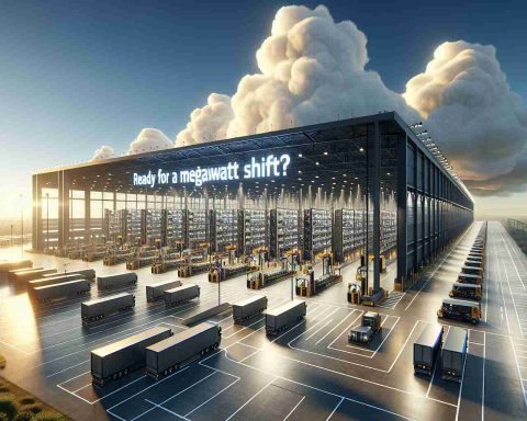 Generate a realistic, high-definition image of the future of logistics. The scene should depict a large, modern warehouse with state-of-the-art technology for transport, sorting, and delivery. The facility should be teeming with energy-efficient machinery and vehicles, a clear indication of a significant shift towards megawatt power. The sun should be beginning to rise, symbolizing a new dawn or a new start. Billowing clouds should float lightly in the sky, hinting towards the immense possibilities. Words like 'Ready for a Megawatt Shift?' should be prominently displayed to emphasize the futuristic concept.