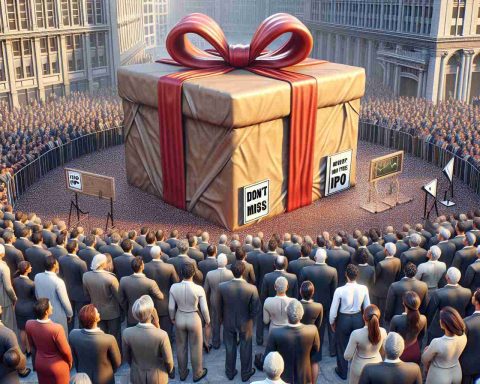 An HD lifelike image of a symbolic scene representing the unveiling of a major new opportunity. It should look like a grand festive event with a large, wrapped package in the center, ready to be opened, suggesting a significant IPO. A crowd of ethnically diverse men and women from different occupational sectors are eagerly gazing at the package. The anticipation and excitement in the air should be palpable. Add a large sign board in the backdrop that says 'Don't Miss This IPO'. The entire scene should convey the sense of a major economics event.