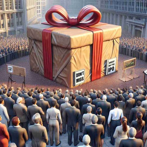 An HD lifelike image of a symbolic scene representing the unveiling of a major new opportunity. It should look like a grand festive event with a large, wrapped package in the center, ready to be opened, suggesting a significant IPO. A crowd of ethnically diverse men and women from different occupational sectors are eagerly gazing at the package. The anticipation and excitement in the air should be palpable. Add a large sign board in the backdrop that says 'Don't Miss This IPO'. The entire scene should convey the sense of a major economics event.