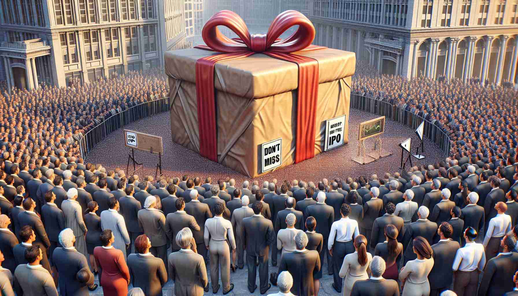 An HD lifelike image of a symbolic scene representing the unveiling of a major new opportunity. It should look like a grand festive event with a large, wrapped package in the center, ready to be opened, suggesting a significant IPO. A crowd of ethnically diverse men and women from different occupational sectors are eagerly gazing at the package. The anticipation and excitement in the air should be palpable. Add a large sign board in the backdrop that says 'Don't Miss This IPO'. The entire scene should convey the sense of a major economics event.