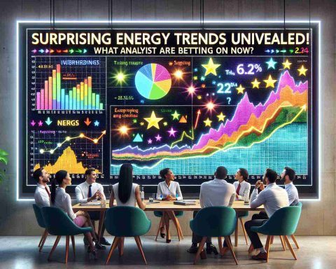 A photorealistic high-definition image showcasing a large bulletin board with bright colorful graphs, charts, and indicators denoting the latest trends in the energy sector. These trends are marked as surprising and attractive investment opportunities by glowing stars and upwards trending arrows on the graphs. The bulletin board also features the headline 'Surprising Energy Trends Unveiled! What Analysts are Betting on Now?' in bold, eye-catching font. A group of diverse analysts including an Asian woman, a Hispanic man, a White man, and a Black woman are seen discussing animatedly in front of this board.