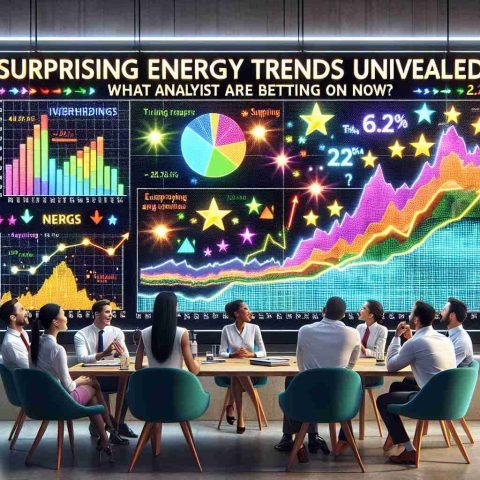 A photorealistic high-definition image showcasing a large bulletin board with bright colorful graphs, charts, and indicators denoting the latest trends in the energy sector. These trends are marked as surprising and attractive investment opportunities by glowing stars and upwards trending arrows on the graphs. The bulletin board also features the headline 'Surprising Energy Trends Unveiled! What Analysts are Betting on Now?' in bold, eye-catching font. A group of diverse analysts including an Asian woman, a Hispanic man, a White man, and a Black woman are seen discussing animatedly in front of this board.